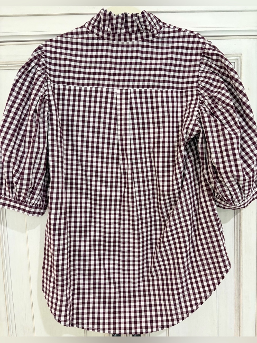 NWT SZ S/M Holly Shae Burgundy Gingham Button-Down Blouse with Ruffle Collar - - Picture 3 of 7